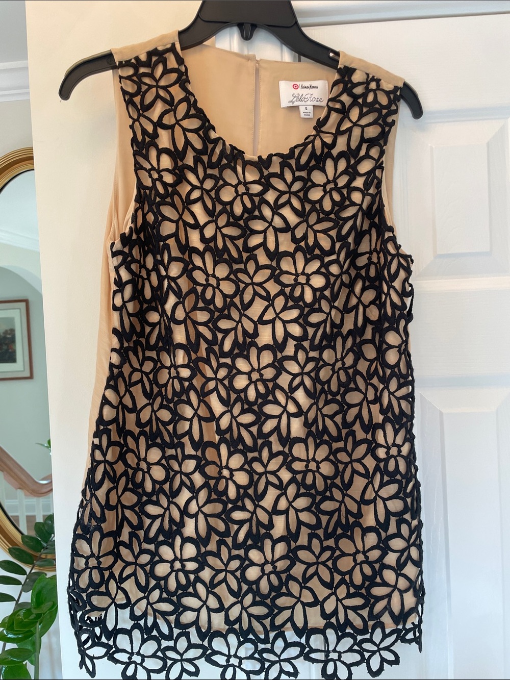 Neiman Marcus Black Floral Cutout Lace Camisole over Nude